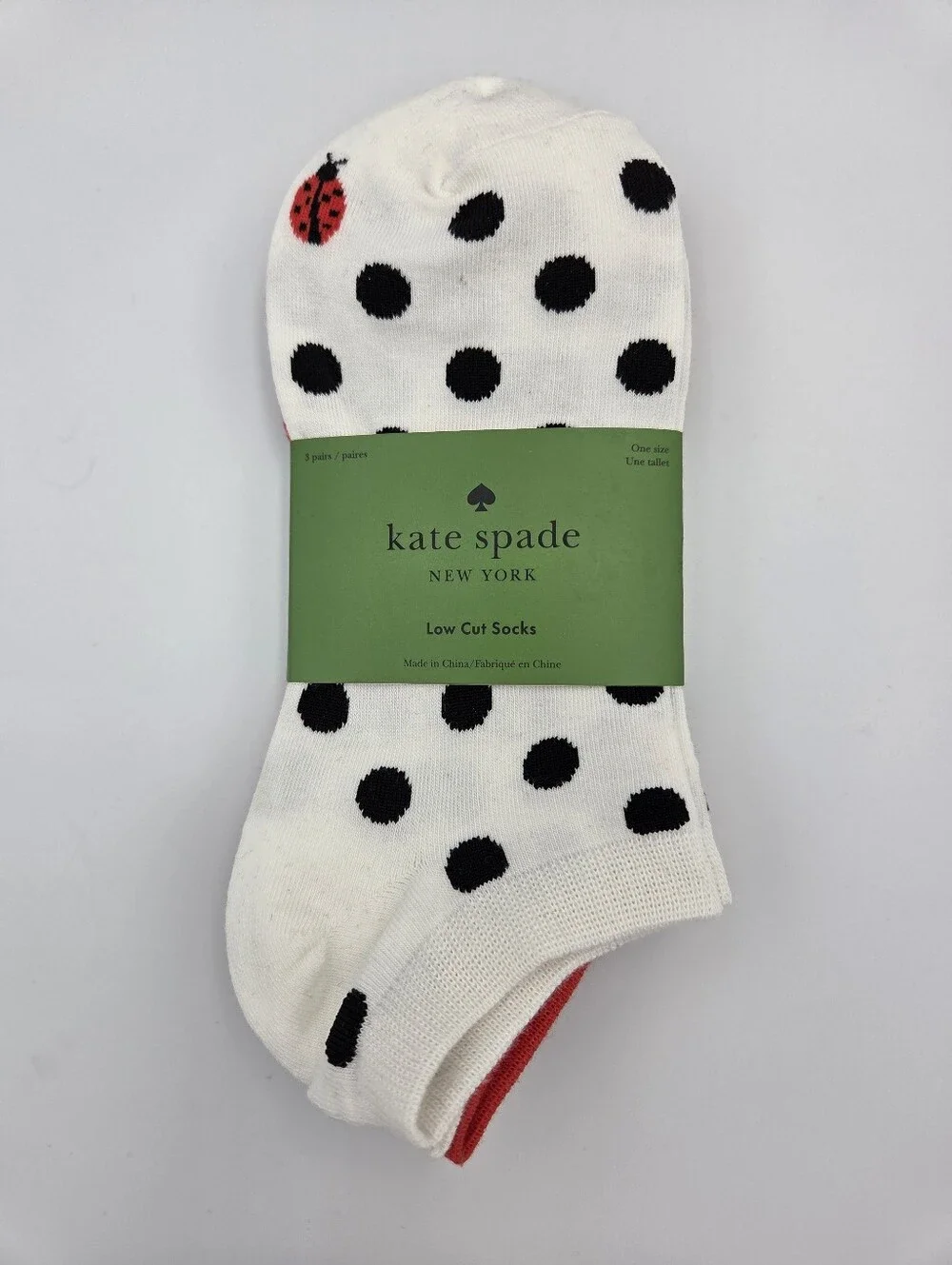 kate spade Womens 3 Pair low cut socks Red, Black & Polka Dot With Lady Bug Nwt